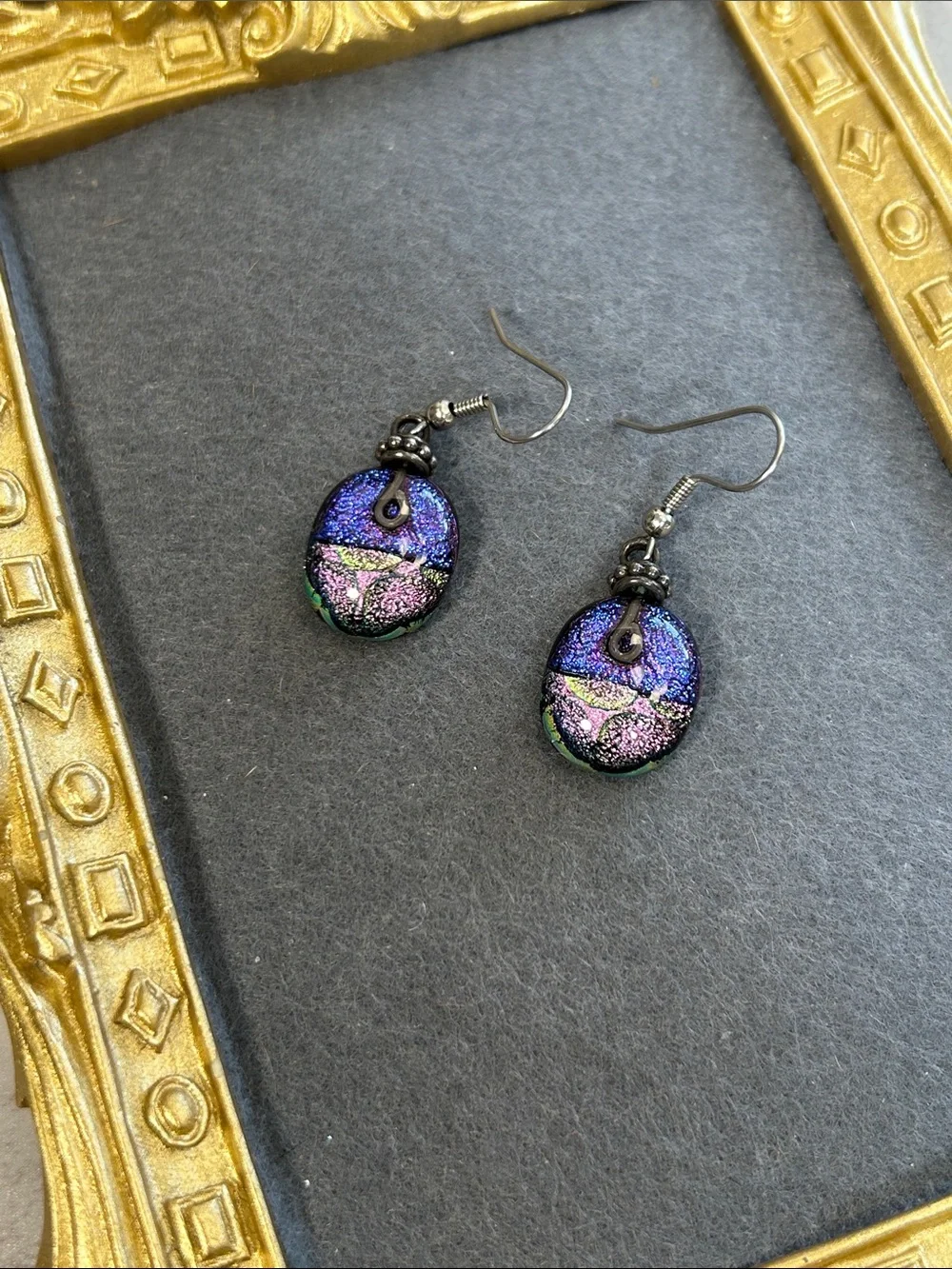 Handmade Dichroic Glass Drop Earrings - Purple Iridescent - Picture 1 of 4